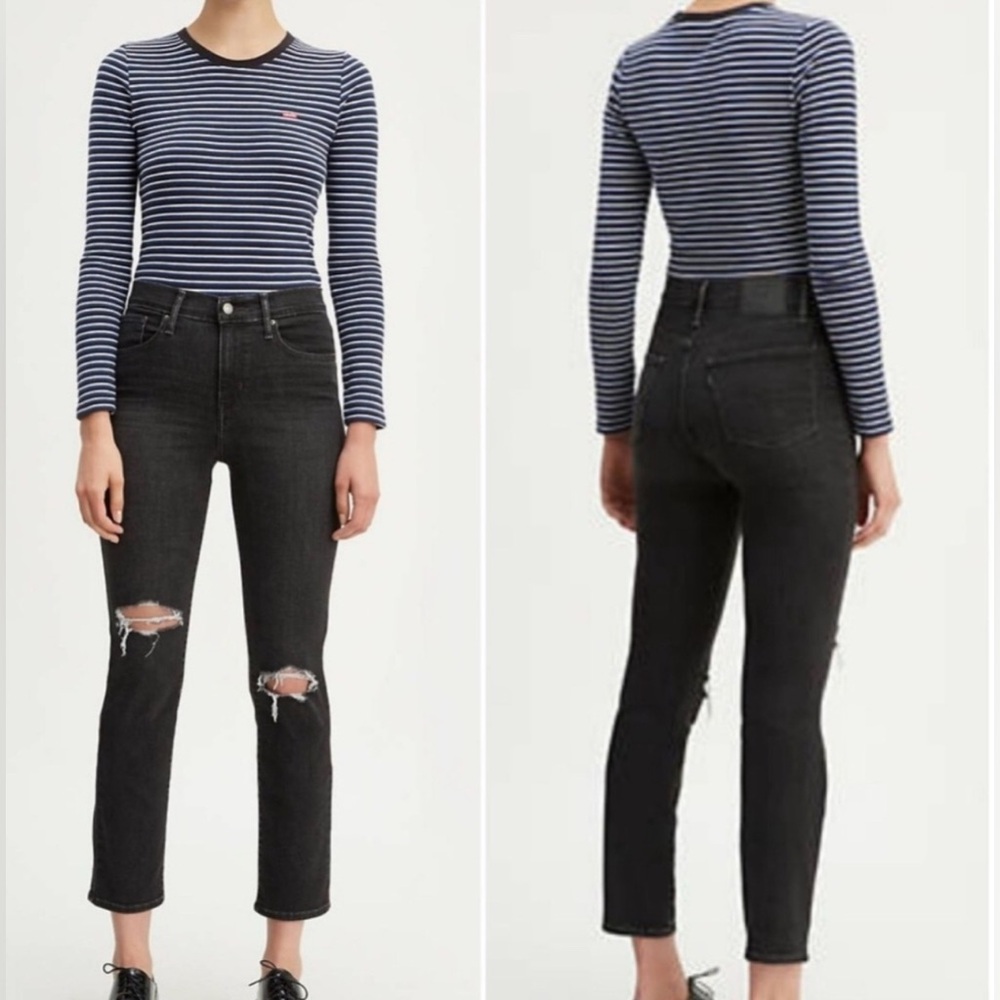 Levi’s 724 High Rise Straight Distressed Black Jean 26